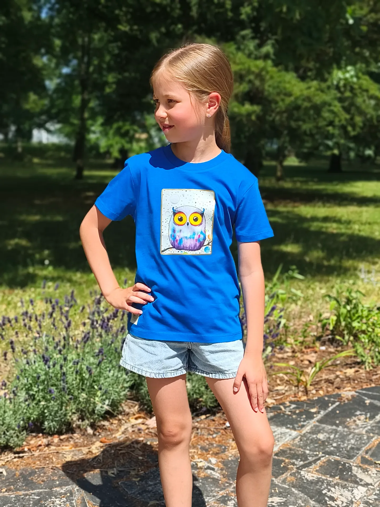 Detské tričko s krátkym rukávom - royal blue lila sova